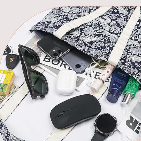 Canvas Tote Bag Dark Blue Retro Flower Dual Handled Reusable Women's Cloth NEW - Picture 5 of 9